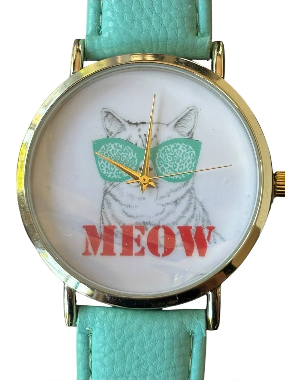 Geneva “MEOW” Cat Sunglasses Watch Turquoise Leather Strap Quartz Watch